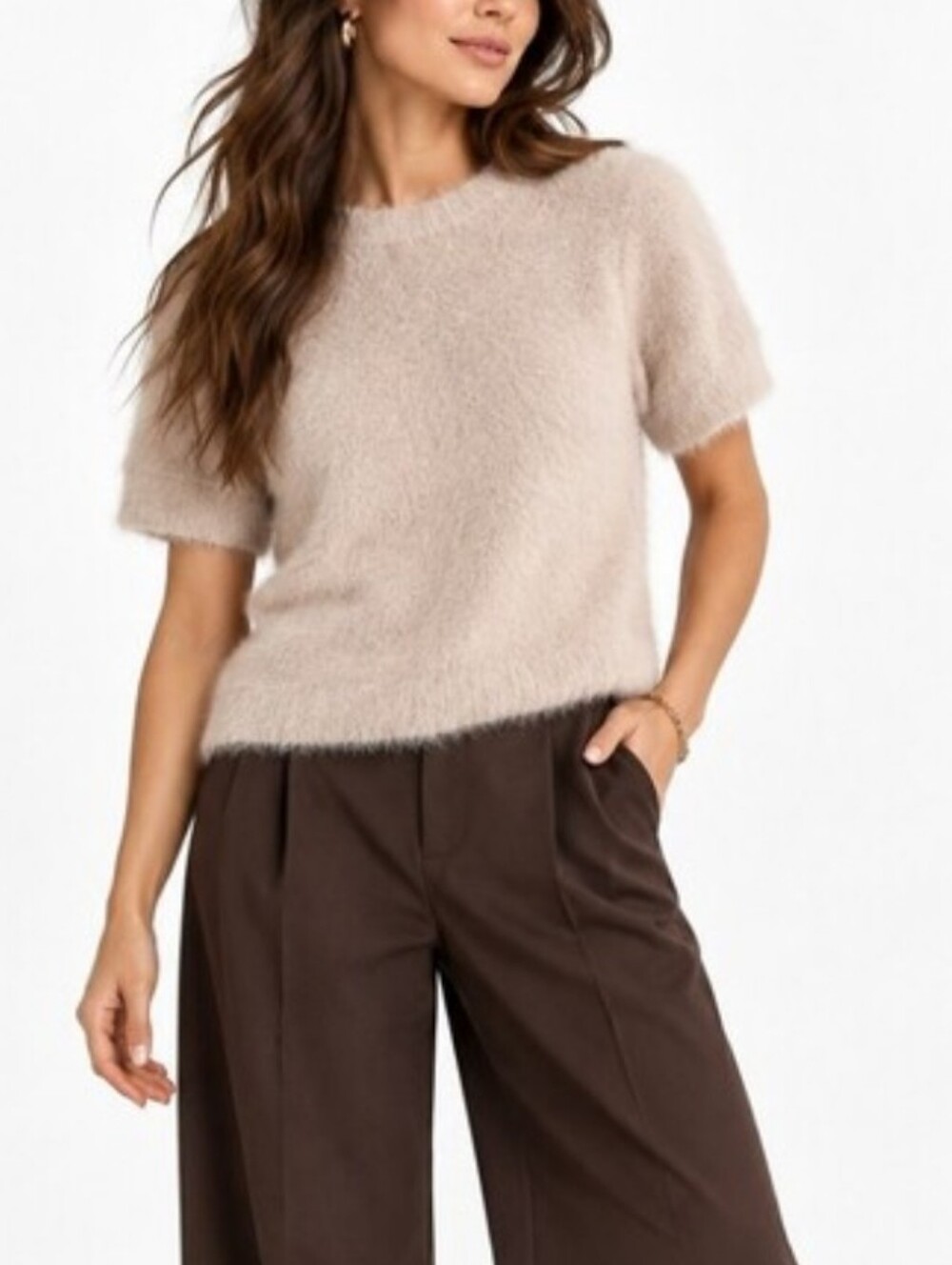 Bailey/44 cream color fuzzy short sleeve slightly cropped sweater